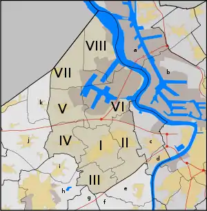 Carte de Beveren. Légende : voir "Sections" et "Communes avoisinantes"