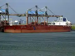 Le minéralier Berge Stahl (342 × 63 m, 364 767 DWT) en plein déchargement au terminal EECV.