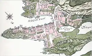 Plan de la ville de Bergen en 1768 montrant la ville elle-même ainsi que les montagnes alentours et l'océan Atlantique.