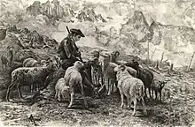 Illustration en noir et blanc d'un berger avec son troupeau de brebis
