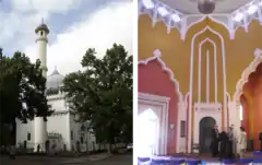 Extérieur (à gauche) et intérieur (à droite) de la mosquée de Berlin.