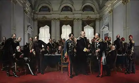 Congrès de Berlin où on voit les diplomates discuter autour d'une table, Tableau de Anton von Werner; debout au centre: Otto von Bismarck qui salue un hôte
