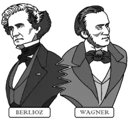 Caricature de Berlioz et Wagner en bustes emboîtés mais se tournant le dos.