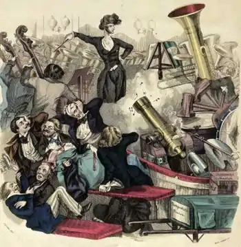 Caricature de Berlioz dirigeant un orchestre où explose un canon, devant un public qui se bouscule et s'empoigne