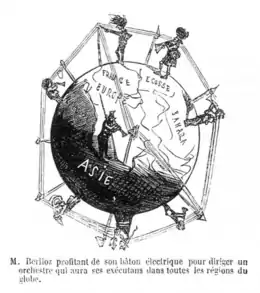 Caricature montrant plusieurs Berlioz autour du globe terrestre, liés entre eux par des fils télégraphiques