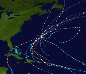 Regional map showing the paths of nine tropical cyclones, all converging on Bermuda