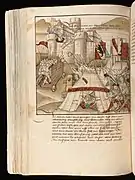 Représentation du siège du château de Schwanau en 1333 par Strasbourg et ses alliés, dans la Chronique de Spiez de 1485. (Musée historique de Strasbourg)