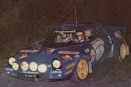 Bernard Darniche sur Lancia Stratos HF au Rallye Monte-Carlo 1976.