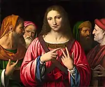 Un même poncif a servi dans le Salvator Mundi et Christ parmi les docteurs de Bernardino Luini, National Gallery.