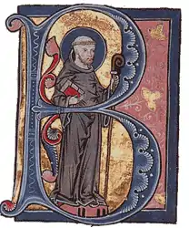 Lettrine historiée B, représentant Bernard de Clairvaux, tirée d'un manuscrit du XIIIe siècle.