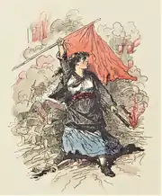 Illustration représentant une femme, devant une barricade et un bâtiment en feu, tenant un drapeau rouge et une torche enflammée.