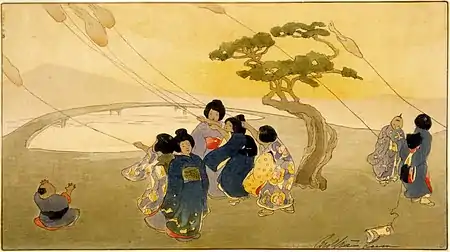 Gravure sur bois d'enfants japonais en kimono faisant voler des cerfs-volants contre un ciel jaune.
