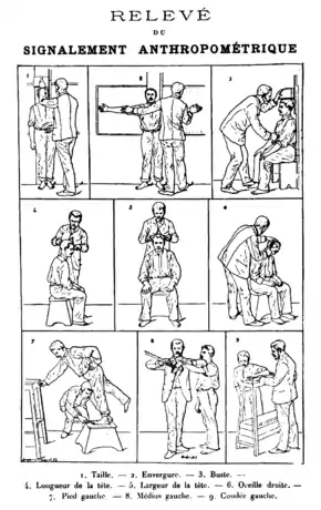 Relevé du signalement anthropométrique.Planche parue dans Identification anthropométrique (1893).
