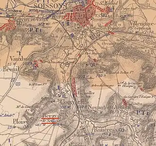 La carte des régions dévastées établie à l'issue de la guerre. En hachuré rouge, zones complètement détruite