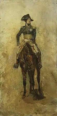 Un maréchal de Napoléon à cheval, de face, regardant vers la droite, la main sur la cuisse.