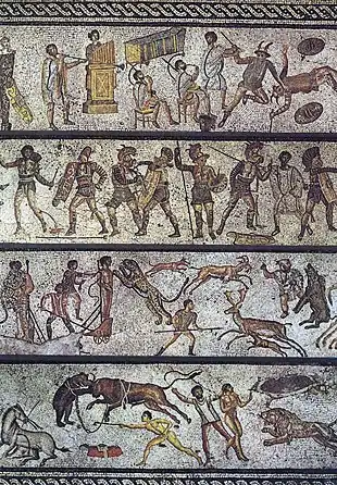 Gladiateurs, Mosaïque romaine, Libye Zliten.