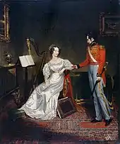 Peinture à l'huile représentant le jeune prince Léopold en grand costume d'apparat remettant un présent à la princesse Charlotte revêtue d'une robe de satin blanc. Elle interrompt sa séance de harpe pour le recevoir.