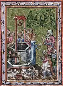 Abraham entouré de ses serviteurs rencontre Rébecca au puits