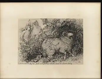 Le sacrifice d'Isaac : Abraham et Isaac cherchant un animal de sacrifice, gravure de Jemima Blackburn, 1886.