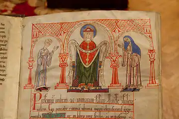 Codex Guta-Sintram, manuscrit de  1154 rédigé par la nonne Guta von Schwarzenthann (à dr.) et illustré par le moine Sintram von Marbach (à g.).