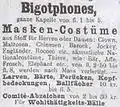 Annonce pour des bigotphones parue en 1892 en Autriche-Hongrie. Ils sont vendus dans le magasin Rix, situé sur la Praterstrasse, célèbre rue de Vienne.