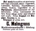 Annonce parue en 1892 en Suède. Il y figure les bigotphones qualifiés de : skämtinstrument för Julkarnevalen, instruments comiques pour le Carnaval de Noël.
