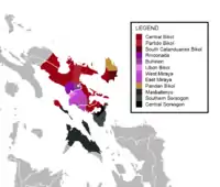 Répartition géographique des principales langues bicol dans la région de Bicol.