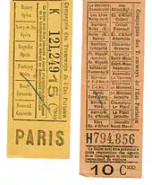 Tickets de tramways émis par la Compagnie Est Parisien (avant 1921).