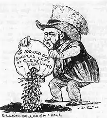 Harrison portant un grand chapeau, référence à son grand-père, vidant un sac d'argent portant l'inscription « excédent laissé par Cleveland en 1888 » dans un trou appelé « trou du milliard de dollars »