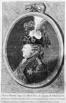 Marie-Charles-Louis d'Albert, duc de Luynes et de Chevreuse, pair de France et colonel général des dragons, coiffé du casque « à la Schomberg » (1770).