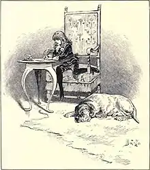 Gravure représentant un jeune enfant qui écrit une lettre, avec à côté un chien qui dort.