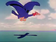 Un oiseau noir avec la tête rouge est représenté volant au-dessus de l'océan.