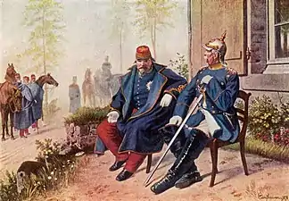 Napoléon III et Bismarck, le 2 septembre à Donchery, entrevue après la bataille de Sedan. Reproduction d'une œuvre de Camphausen.
