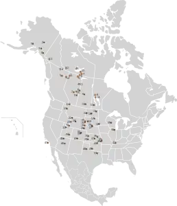 Répartition des troupeaux de bisons des plaines sur les terres publiques et des troupeaux de bisons des bois captifs ou en liberté en Amérique du Nord en 2003.