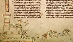Enluminure montrant un arbalétrier au sommet d'un château stylisé tirant sur deux cavaliers en fuite