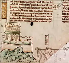 Esquisse d'un château stylisée au pied duquel plusieurs hommes sont pendus à un gibet