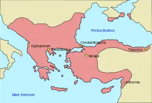 Carte représentant en rose l'aire dominée par l'Empire byzantin