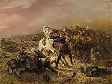 Blücher tombé de cheval à la bataille de Ligny (16 juin 1815), toile d'Otto Clemens Fikentscher, v. 1862