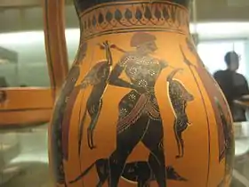 Retour d'un chasseur et de son lévrier. Fabriqué à Athènes entre 550-530 av J-C,peintre Amasis à Rhodes. Britsh museum.