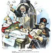 McKinley habillé en Napoléon et Reed portant une couronne sont assis à une table où est posé le « plan républicain pour 1892 ». Ils sont surpris par Blaine qui jaillit d'une bouteille portant l'inscription « Département d'État ».