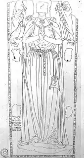 Dessin en noir en blanc d'un gisant représentant une femme richement vêtue les mains jointes en prière.