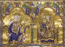 Miniature en couleurs représentant une reine âgée parlant au roi son fils
