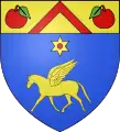 Blason de la commune de Brienon-sur-Armançon (Yonne) : D'azur au cheval ailé d'or, surmonté d'une molette d'éperon du même, remplie de gueules, au chef aussi d'or chargé d'un chevron aussi de gueules accompagné de deux pommes du même feuillées de sinople.