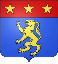 blason d'azur, au loup rampant d'or, au chef cousu de gueules, chargé de trois étoiles d'or