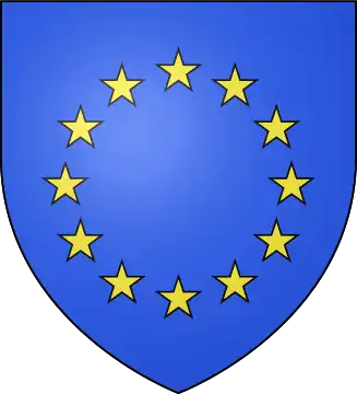 Blason de l'Union européenne figurant un écu (censé défendre les valeurs communes de la démocratie, de la solidarité et de l’union entre les peuples d’Europe).