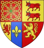 Blason des Pyrénées-Atlantiques : Écartelé de Navarre, de Béarn, de Labourd et de Soule.