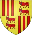 Blason de Foix-Béarn :Écartelé en 1er et 4e d'or aux trois pals de gueules et en 2e et 3e d'or aux deux vaches de gueules, accornées, colletées et clarinées d'azur, passant l'une sur l'autre.