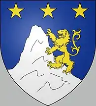 D'azur au lion d'or gravissant un rocher d'argent et surmontés de 3 étoiles d'or.