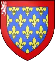 Blason du Maine : D'azur semé de fleurs de lys d'or (de France ancien) à la bordure de gueules chargée d'un lion d'argent en chef dextre.