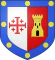 Blason de PouquevilleLa croix latine a été remplacée par la croix de Jérusalem à la suite de l'élévation de H-A Boulard de Pouqueville à la dignité de Chevalier de l'Ordre du Saint-Sépulcre[réf. nécessaire]